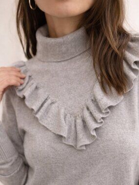 Ruffle Neck Merino Wool Sweater soft minimalist french girl Knit J.Crew S
